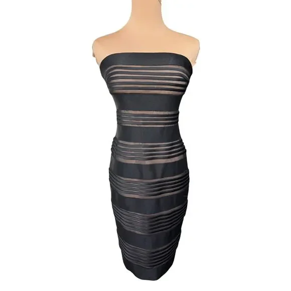 Cache Dresses | Cache Strapless Black Sheer Stripe Bodycon Dress 4 Cocktail | Color: Black | Size: 4 | Hopeandhanger's Closet